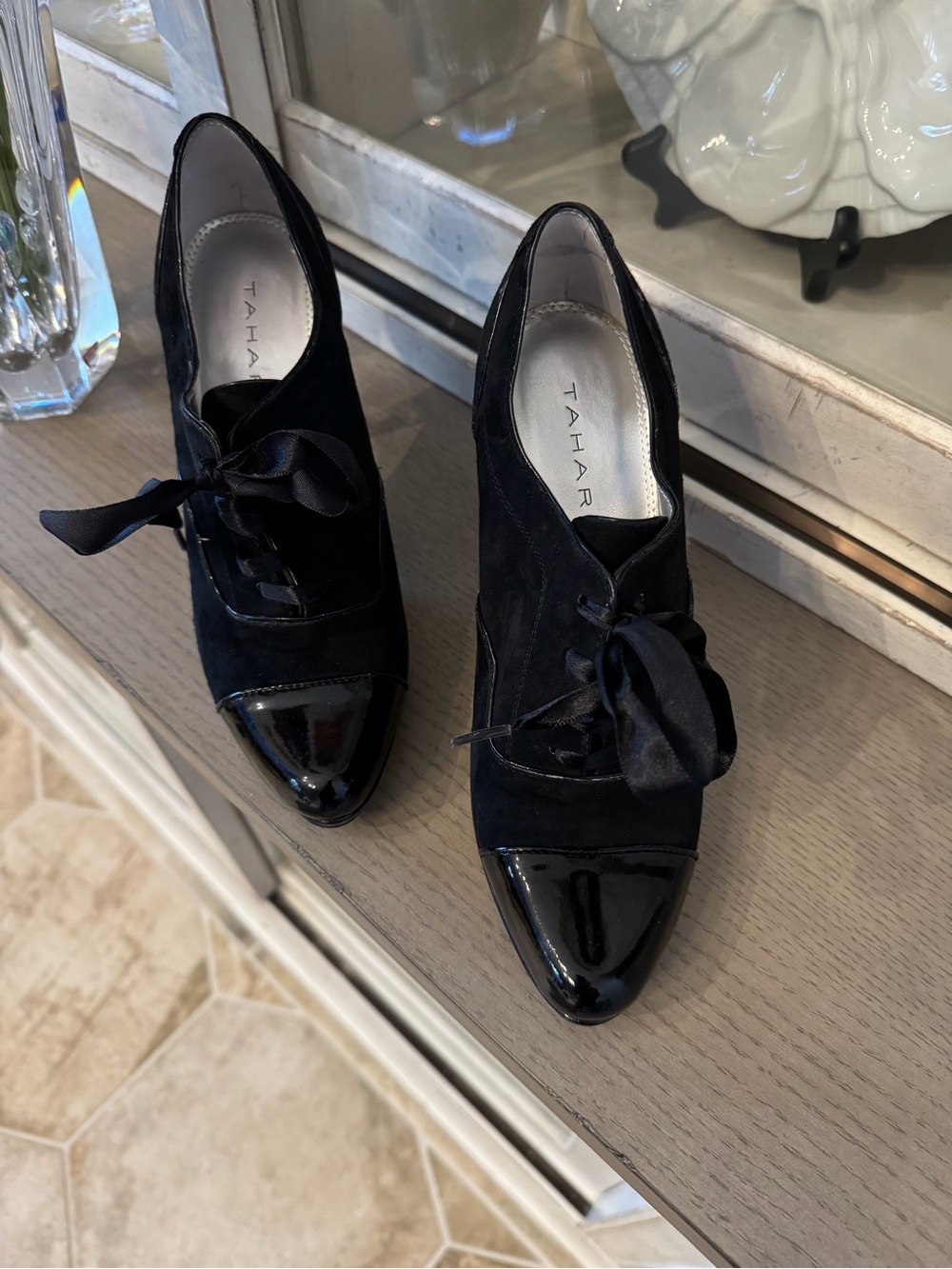 Tahari Black Suede and Patent Lace-Up Heels